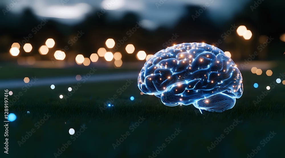 Poster glowing translucent brain floating over dark grass field with bokeh lights in background, representi