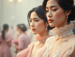 Elegant Asian women in lace dresses with soft pastel tones at formal event