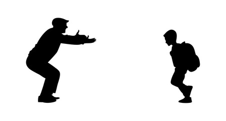 Father standing with hands raised, son running to school vector illustration