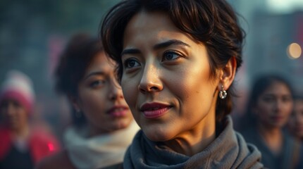 Obraz premium Confident woman in soft natural light with blurred crowd in the background