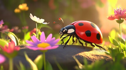 Fototapeta premium Beautiful cute ladybug with flower in Spring.