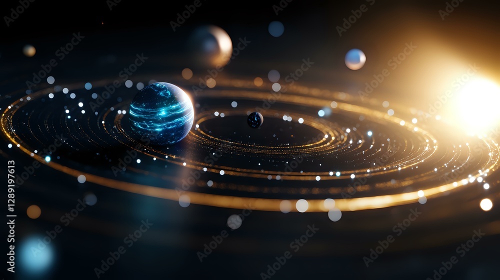 Poster glowing solar system model with orbiting planets and particles in dark space, illuminated by bright 