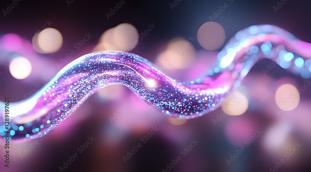 Poster glowing wavy line with sparkles and bokeh effects in pink and blue colors against dark background cr