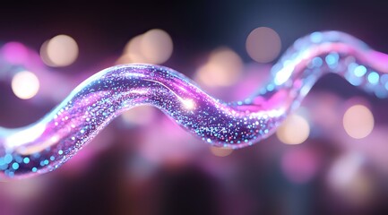 Obraz premium Glowing wavy line with sparkles and bokeh effects in pink and blue colors against dark background creates magical abstract composition.