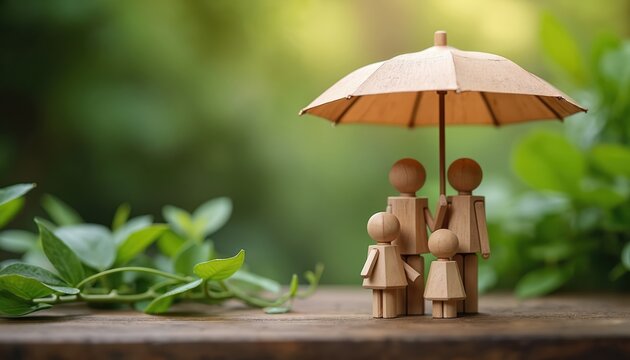 Wooden toy family of four under umbrella life, family insurance safety. Concept of protection, breadwinner, security, investment, savings, health, well-being, future, accident coverage, compensation.