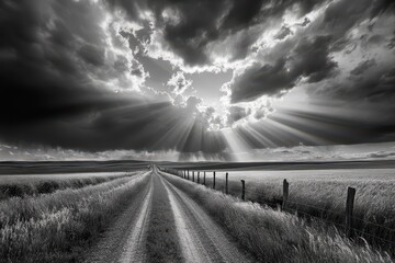A black and white photo capturing the suns rays piercing through billowy clouds Monochromatic representation of a cloudy sky .