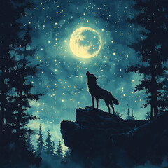 A lone wolf standing on a cliff, howling at a crescent moon surrounded by stars generative AI
