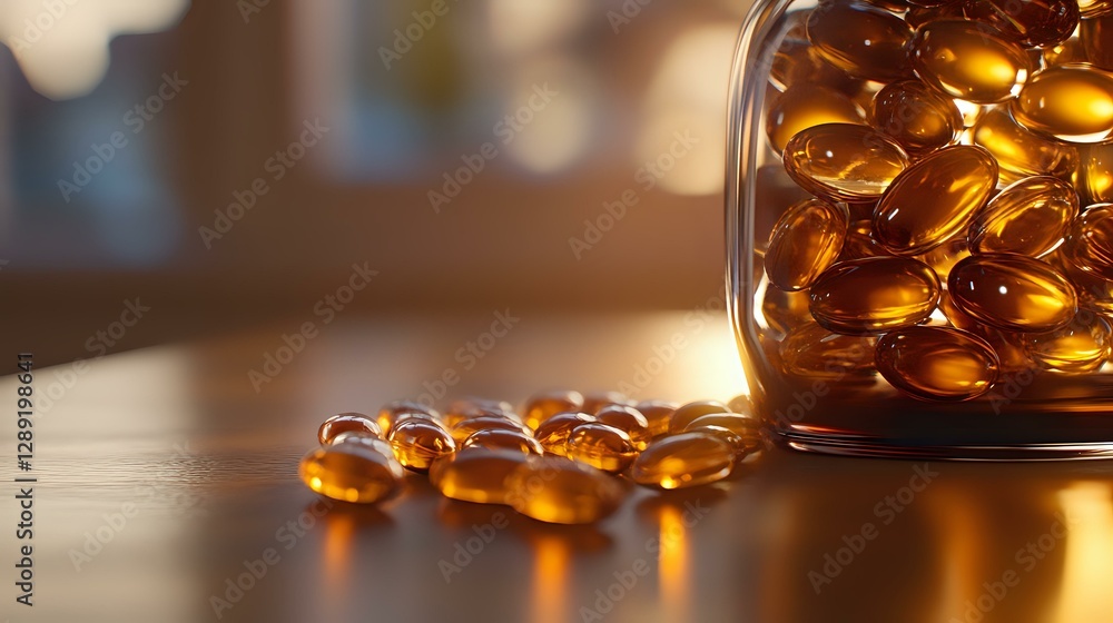 Poster amber-colored supplement capsules spilling from glass container on wooden surface with soft natural 