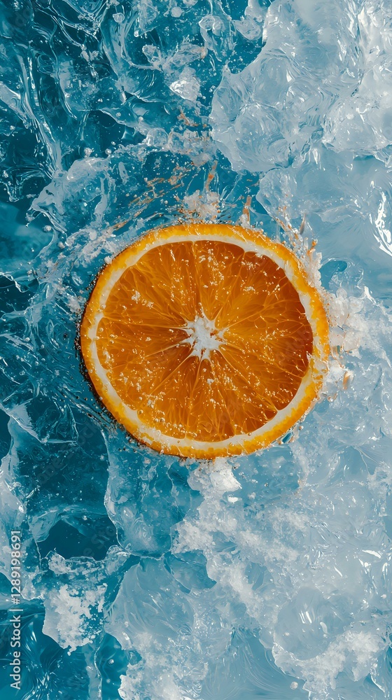 Poster fresh orange slice on crushed ice with splashing water against turquoise background, creating dynami
