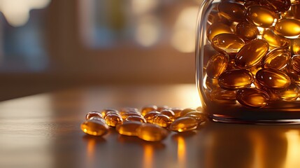 Amber-colored supplement capsules spilling from glass container on wooden surface with soft natural lighting and warm reflective glow. Macro view with shallow depth.