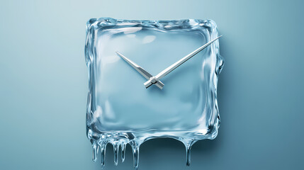 A quirky clock shaped like a melting ice cube, surreal timepiece with dripping effect, unique artistic home decor, modern abstract design, creative wall clock. Frozen Timepiece in Ice. Illustration