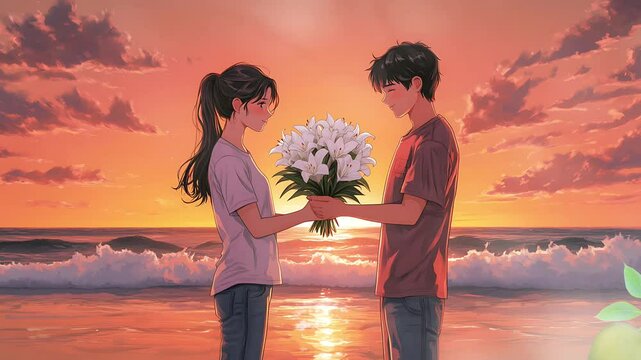Romantic couple shares flowers at sunset beach