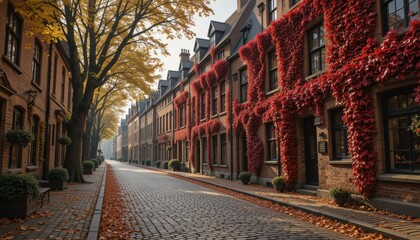 Obraz premium The Vibrant Nature of Autumn Background with Stunning Red and Orange Leaves Covering the Ground Trees in Full Fall Colors and a Golden Sunlight Glow Creating a Warm and Cozy Atmosphere for a Beautiful