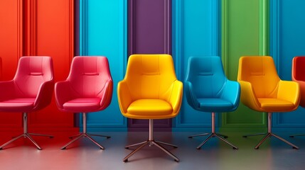 Obraz premium Unique chair amidst identical chairs, business hiring collage, vibrant background, professional layout 
