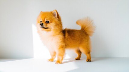 Obraz premium Cute Pomeranian standing confidently against bright, minimalist