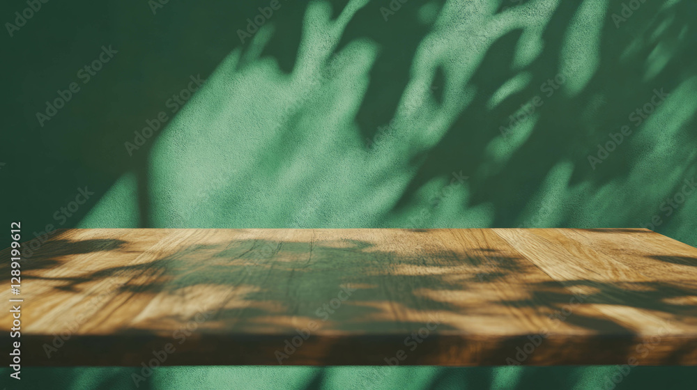 Poster natural mango wood texture with live edge and leaf shadows on green background for design