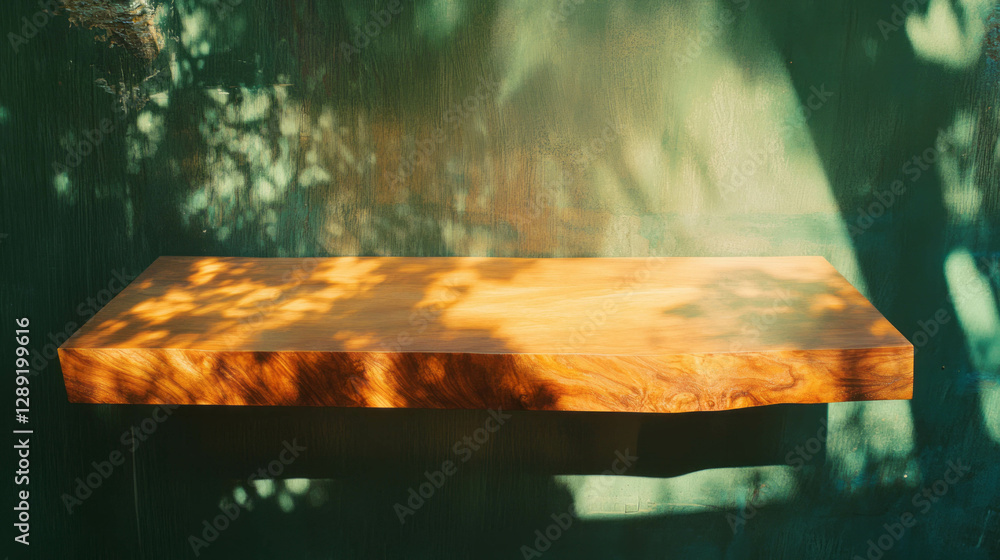 Poster mango wood shelf with live edge and rough texture in sunlit scene