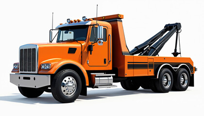 Orange tow truck isolated on white background. Vehicle for towing, roadside assistance and recovery service. Emergency transport for broken down cars on road or highway. Heavy duty automobile.