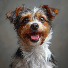 Close-up portrait of a small, mixed-breed dog white and brown fur, with expressive eyes and lively expression surprised or curious Indoor setting background - AI-Generated