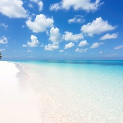 Fototapeta premium Pristine Tropical Beach With Clear Water featuring white sand, turquoise sea, and a blue sky with scattered clouds, creating a serene and idyllic coastal scene.