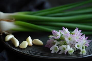 Fototapeta premium Garlic-Infused Stir-Fried Flowering Chinese Chives with Prawns and Edamame Delight