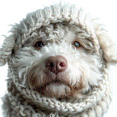 A close-up image of a cozy scarfed dog with soft, fluffy fur in a relaxed yet attentive state The portrait style focuses on the dogs expression - AI-Generated