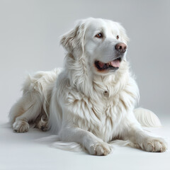 A white, fluffy dog is sitting on a matching surface, possibly concrete or paper Its mouth is open slightly, revealing teeth and tongue, suggesting a relaxed state The ears are floppe - AI-Generated