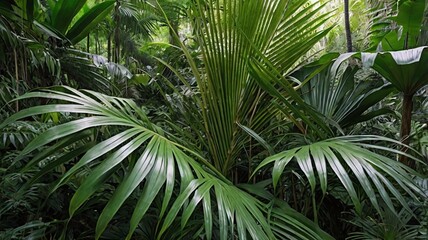 Fototapeta premium Close-up of dense, green tropical leaves resembling palm fronds, captured in an Asian forest.