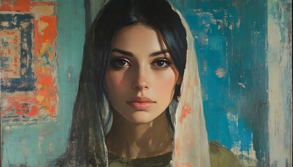 A beautiful woman gazes directly into the viewers eyes with grace