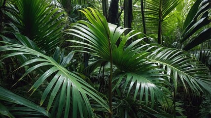 Close-up of dense, green tropical leaves resembling palm fronds, captured in an Asian forest.