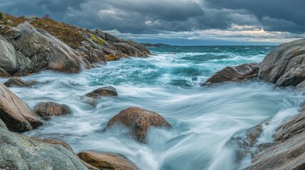 Fototapeta premium Rocky Coastline with Waves Crashing Under Dramatic Skies