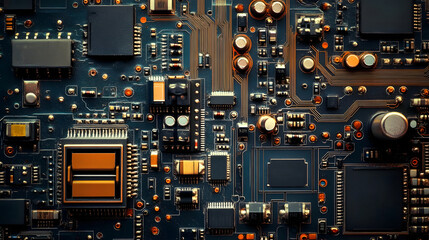 Fototapeta premium Intricate Overhead View of Complex Electronic Circuit Board with Various Components