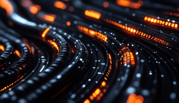 Abstract Digital Network: Glowing Cables and Binary Code