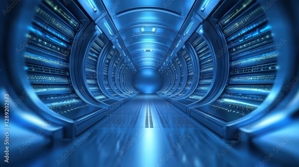 Poster journey into the digital heart, exploring a server tunnel in the data center server