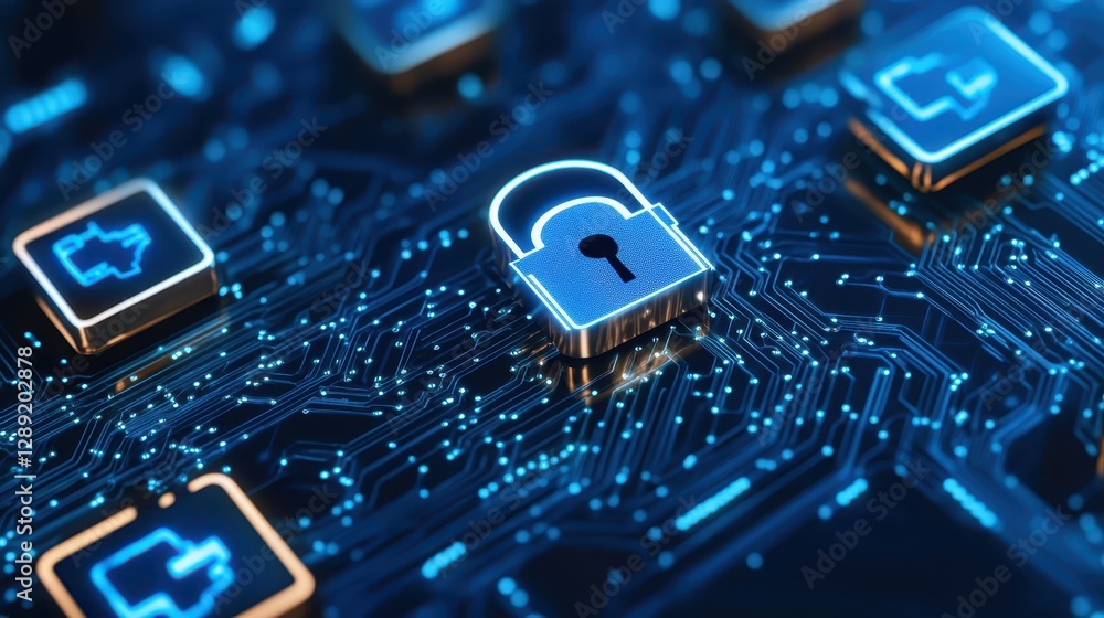 Poster cybersecurity and data protection, padlock on circuit board symbolizing network security