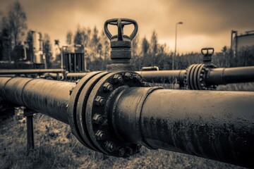 A black and white photo showing a network of pipes and valves in an industrial setting Monochrome depiction of an old rusty pipeline system .