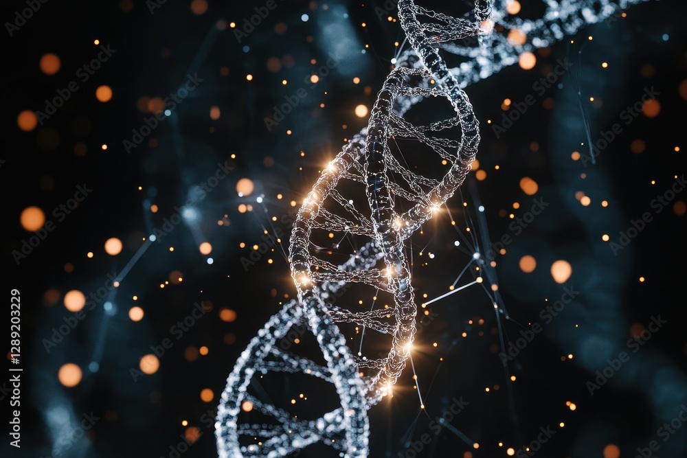 Aufkleber complex dna structure illuminated with glowing particles against a dark background