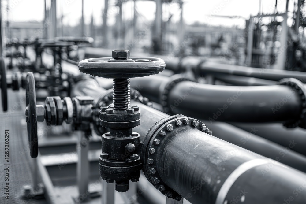 Poster a black and white photo showing a network of pipes and valves in an industrial setting monochrome de