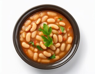 Fotografía de estudio profesional de un plato de estofado de alubias Blancas con su guarnición, de fondo blanco, 4k, ultra realista.