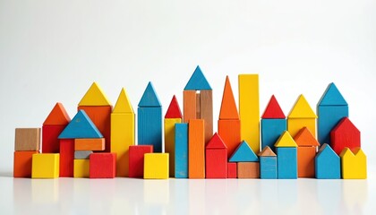 Colorful wooden building blocks arranged in various shapes, sizes create miniature cityscape against white background. Childhood toys inspire creativity, learning through play. Educational game with