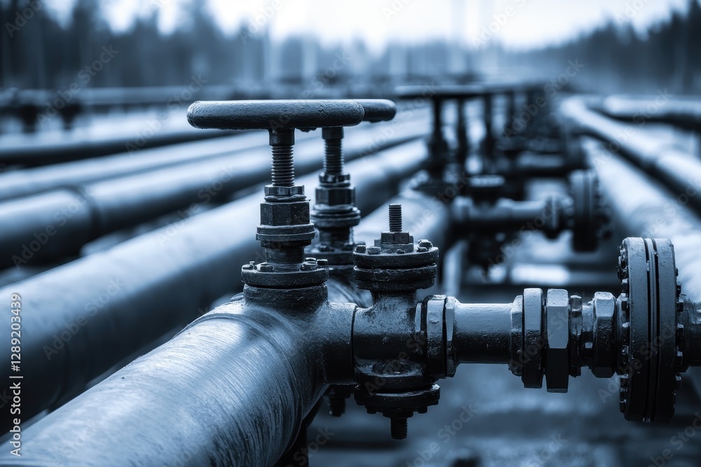 Poster a black and white photo showing a network of pipes and valves in an industrial setting monochrome de