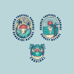 Tropical summer beach badges graphic print vector set.