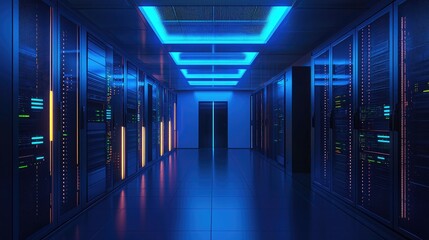 A futuristic data center with illuminated blue and orange server racks reflecting on a polished floor in a secure environment. Ideal for cloud computing, cybersecurity, and IT infrastructure themes