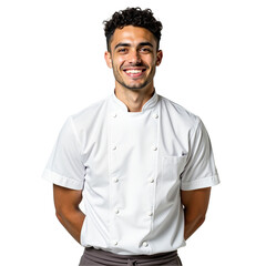 Smiling young male chef portrait on white. Confident cook in chef's whites for restaurant, food blog, menu design. Isolated on transparent background.