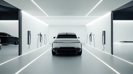 A car showroom showcasing electric hatchbacks. Featuring efficiency and eco-conscious design