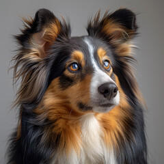 Close-up portrait of an adult dog with calm, attentive expression Black, white, and tan coat with wavy texture Flopped ears possibly relaxed or attentive Focused eyes on surroundin - AI-Generated