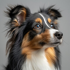 Close-up of alert, multi-colored dog white, black, brown against light gray background Amber-brown eyes, pointed ears Shallow depth of field, focus on face Suggested breed Border - AI-Generated