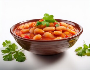 Fotografía de estudio profesional de un plato de estofado de alubias Blancas con su guarnición, de fondo blanco, 4k, ultra realista.