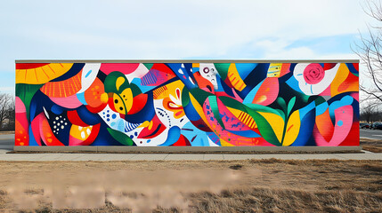 A vibrant and colorful mural painted on an outdoor brick wall with graffiti designs, outdoor, street art, mural. Vibrant Street Graffiti Wall. Illustration