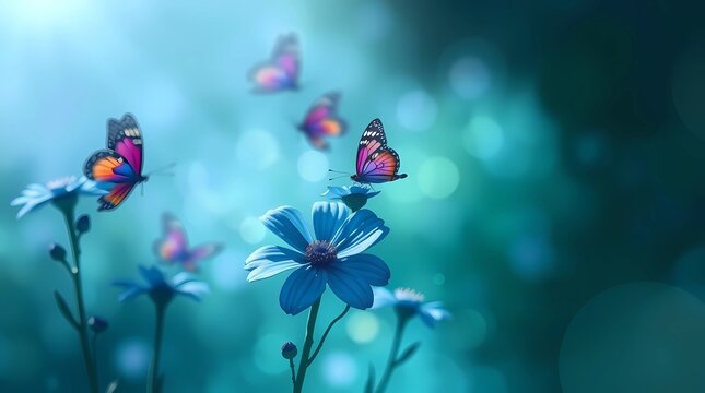 flores celestes, mariposas purpuras y luz tenue en margen superior izquierdo